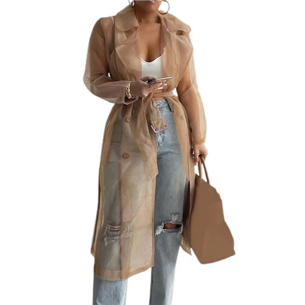 

Vrouwen Mode See Through Outdoor Tops Shirt Coat Net Yarn See Through Spring Summer Lace-up Long Elegante Shirt for Daily Wear