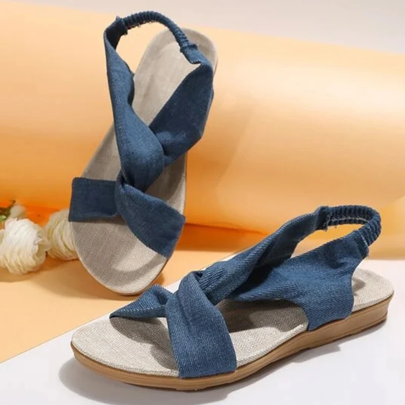 Fashion Blue Sandals Women Twist Decor Denim Slingback Sandals Women Slides Flat Heel Outdoor Beach Summer Woman Slippers