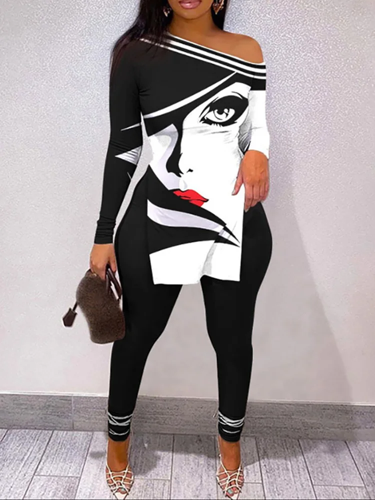 Skew Collar Pullover Top Slim Fit Pants Suit Elegant Women Printed Long Sleeve Pant Suit Female Streetwear Vintage Two Piece Set