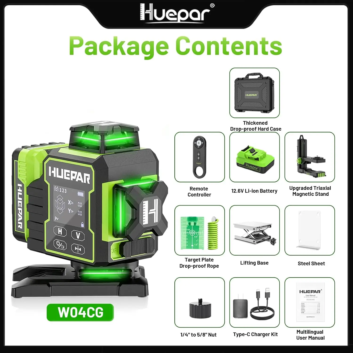 

Huepar W04CG Зеленый Лазерный Уровень 4D 16 Линий