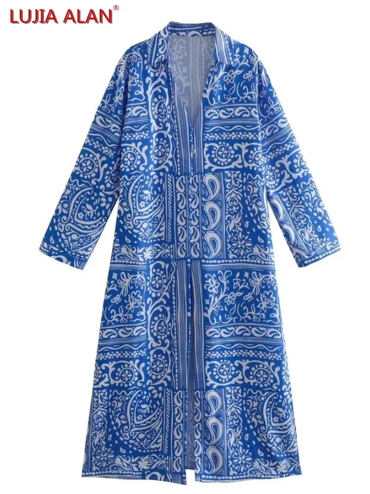 

Patchwork Printing Single Breasted Women Dress Female Long Sleeve Midi Vestidos Elegant Streetwear LUJIA ALAN WD288