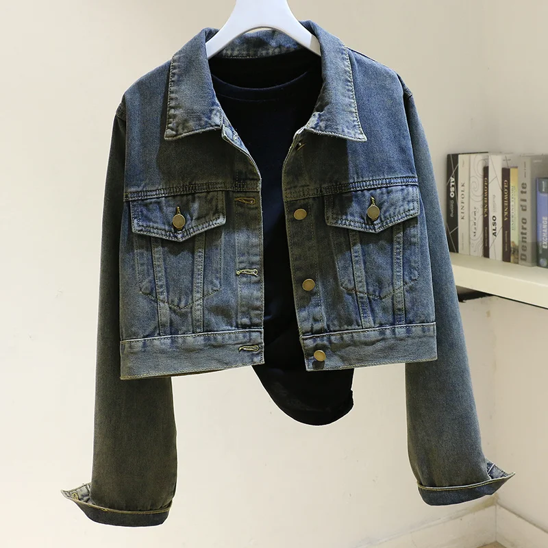 

Куртка женская джинсовая короткая в ковбойском стиле, свободная короткая верхняя одежда из денима в винтажном стиле, с большими карманами, в Корейском стиле, весна-осень