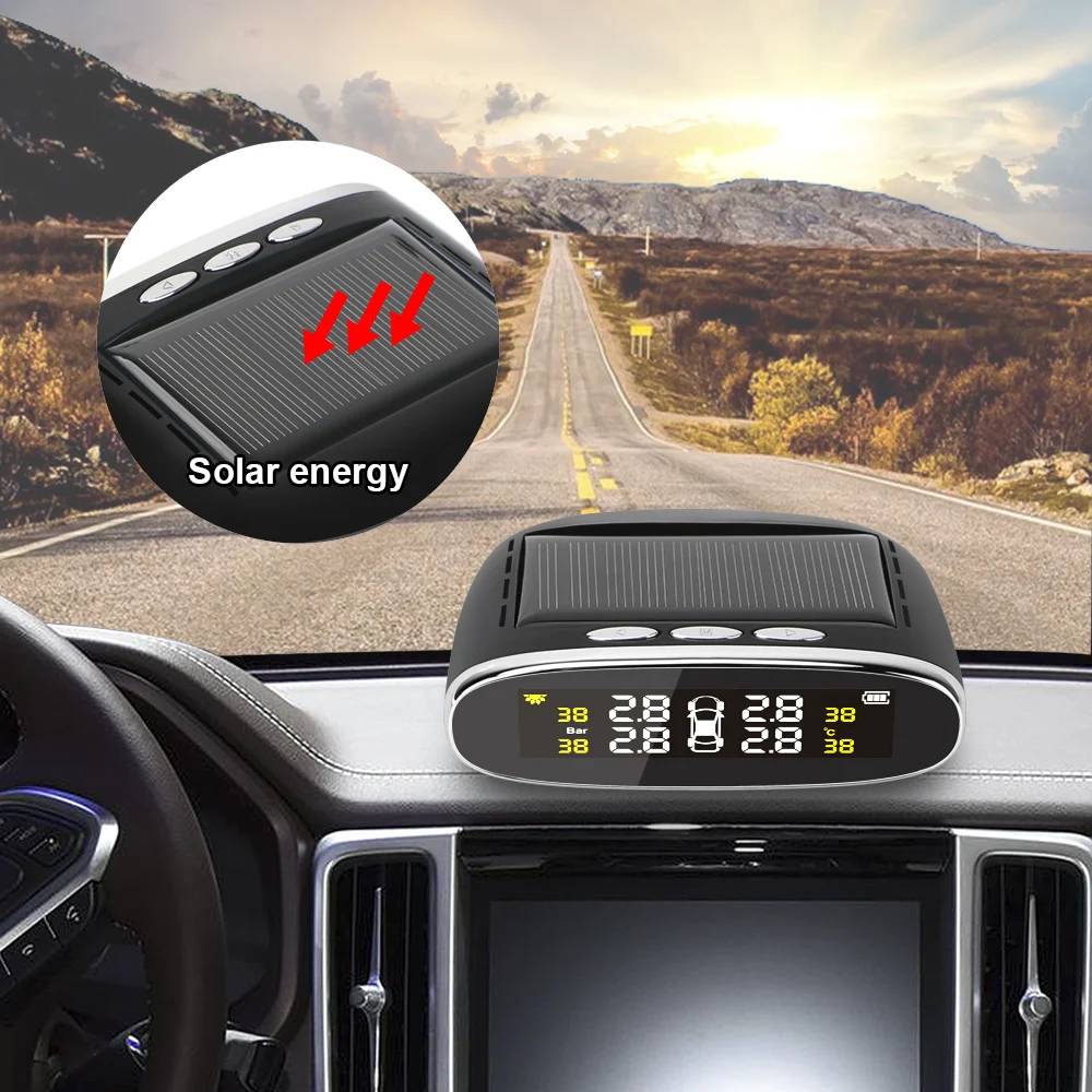 

LEEPEE Car Tire Pressure Alarm Monitor System LCD Display With 4 Internal/External Sensor Solar Power TPMS Temperature Alert