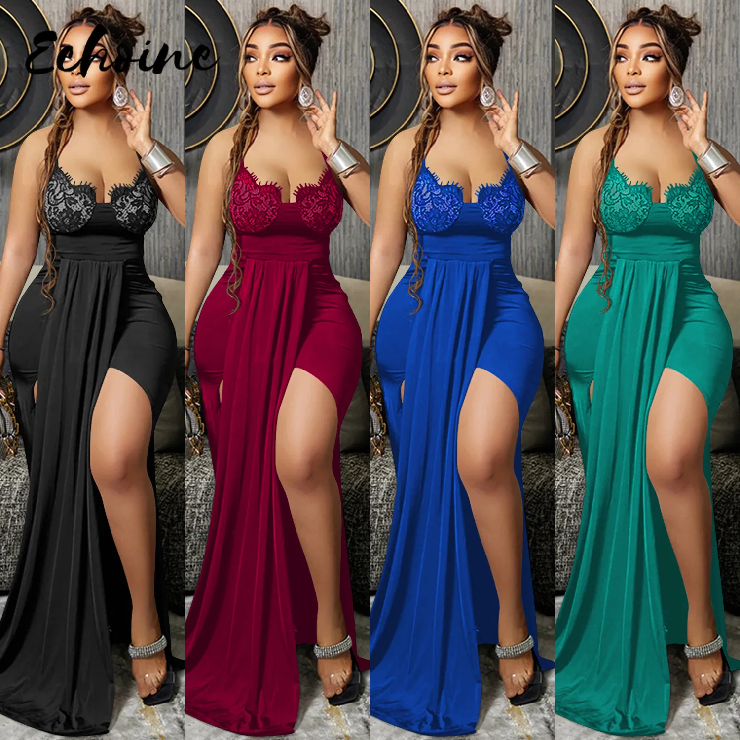 

Elegant Sexy V-neck Maxi Party Dresses Club Party Birthday Women's Long Skirt Dress Solid Sling Backless Lace Print Vestidos