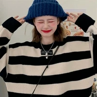fashion trend all match long sleeved striped print round neck pullover lazy loose simple cute sweet sweater top