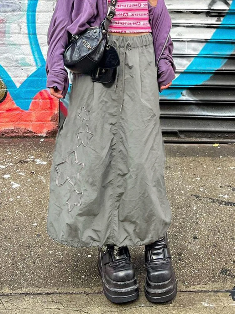 

WeiYao Star Pattern Y2K Long Skirts Womens Aesthetic Grunge Clothes Cargo Style Low Waist A Line Skirt With Drawstring Hem