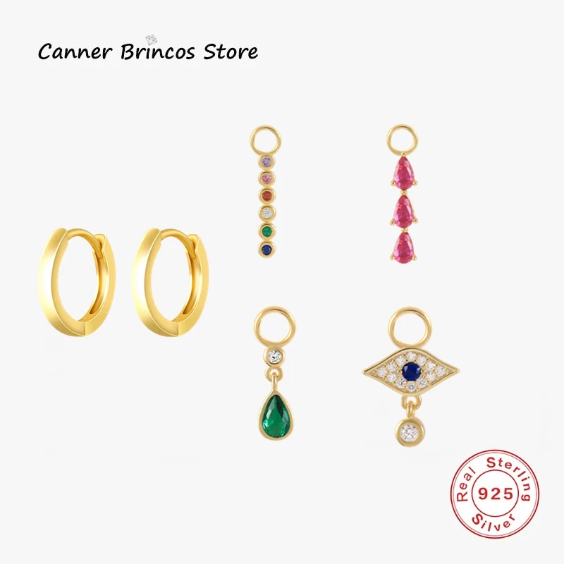 

CANNER Real 925 Silver Piercing DIY Jewelry Findings Gift Water Drop Evil Eye Rainbow Zircon Hoop Earring Charms For Wedding