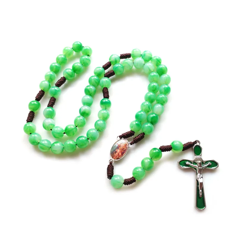 

QIGO Green Acrylic Weave Cross Rosary Necklace Choker Strand Necklace Women Men Religious Jewelry
