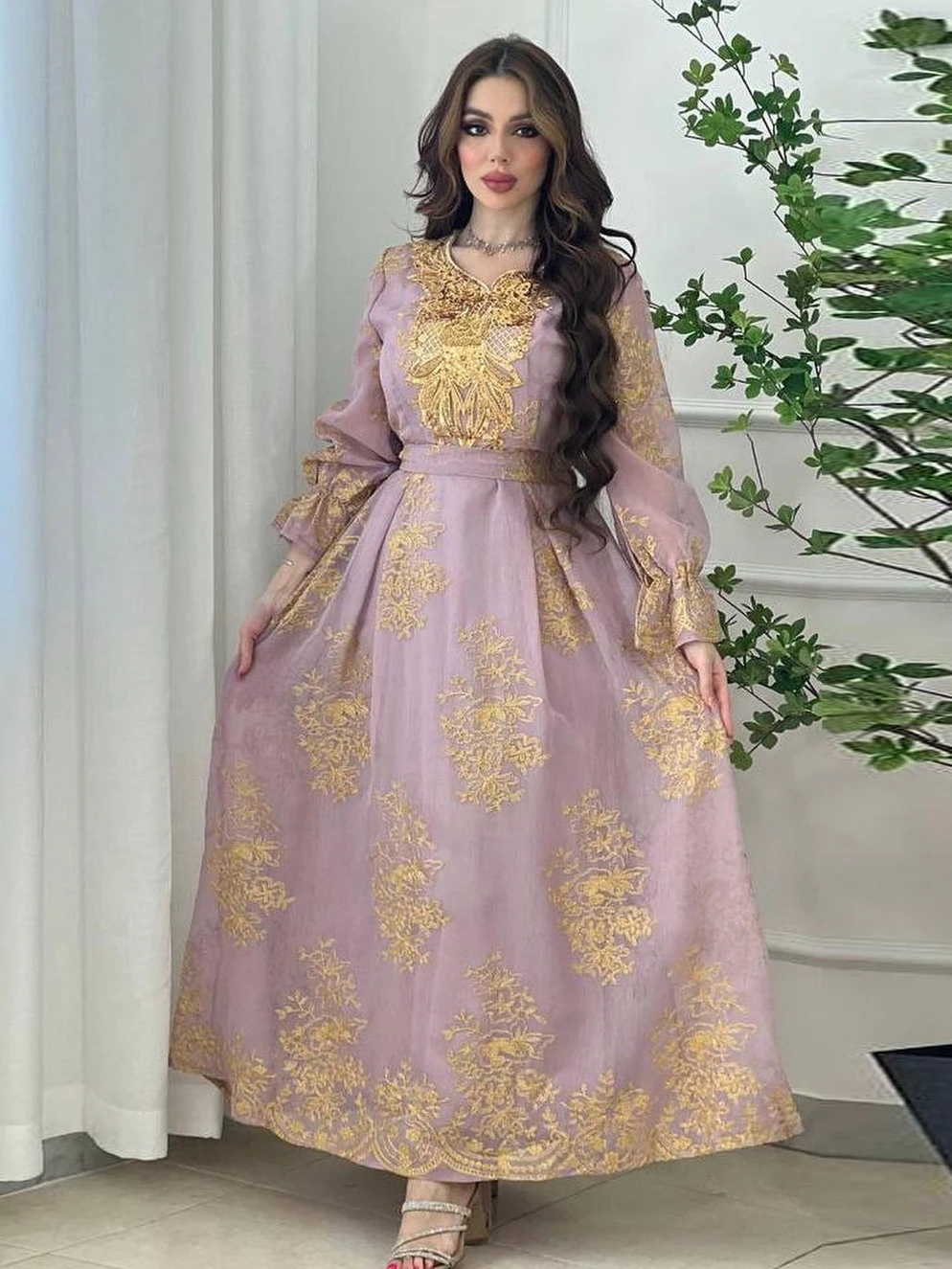 

Eid Women Lace-up Dress Abaya Muslim Party Dresses Ramadan Abayas Caftan Kaftan Mesh Embroidery Vestidos Robe Dubai Arab Turkey