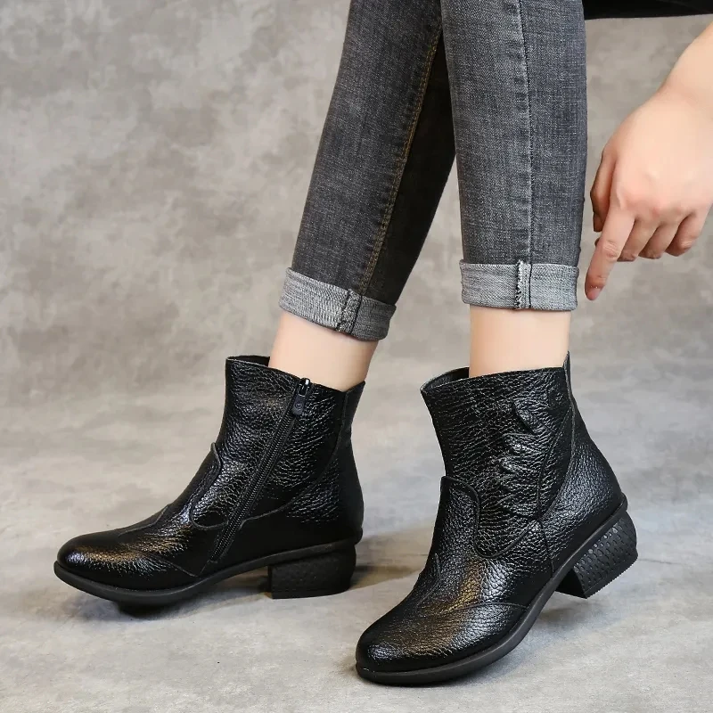 Retro Leather Concise Boots Women's Low Heels Fur Shoes Ladies Fashion Round Head  Red Booti Black Short Boots