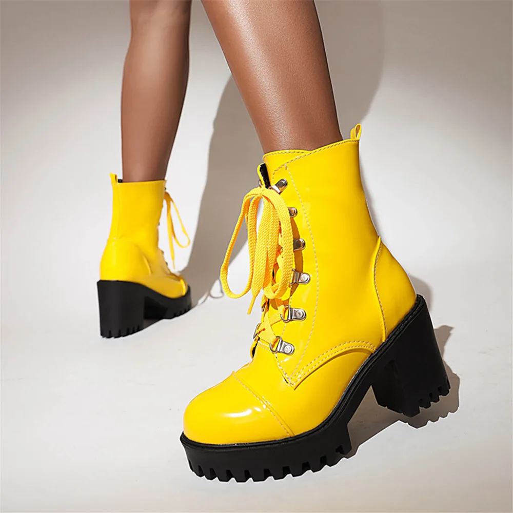 Lace Up Sexy Winter Fashion Women Platform Boats Mujer Punk High Heels Black Yellow Red White Ankle Boots Autumn Rubber Shoes