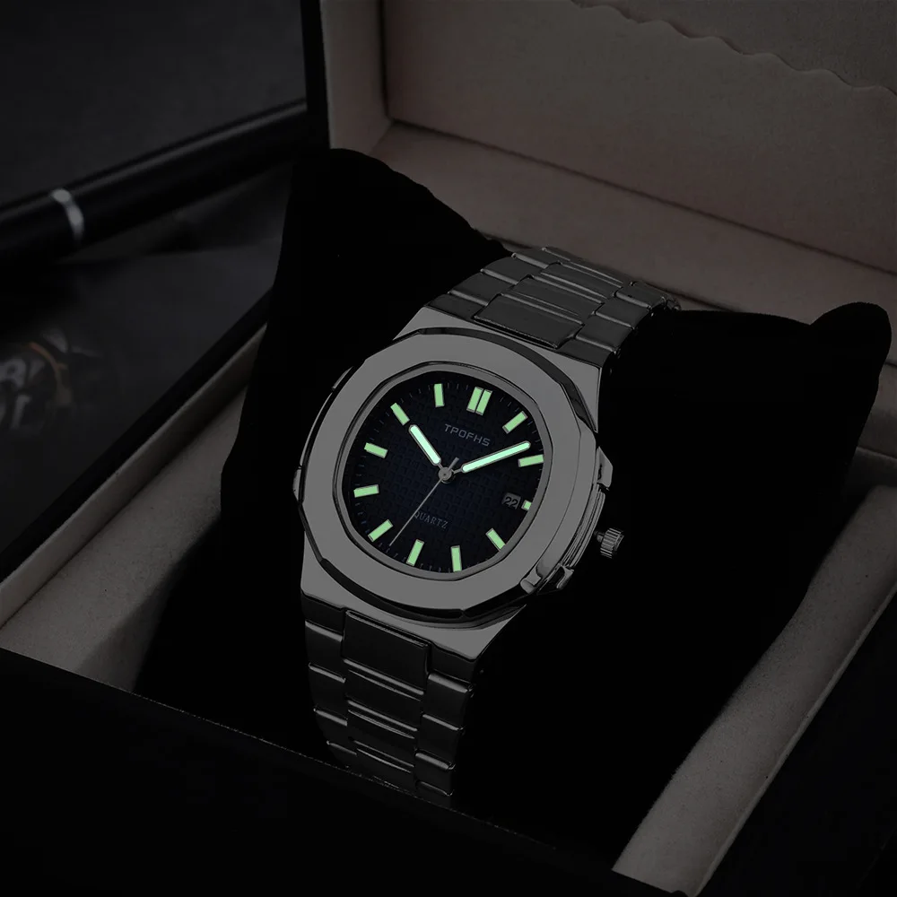 2023 New Luxury Casual Watch Top Brand Fashion Square Dial Stainless Steel Calendar Luminous Waterproof Men Watch Male Clock+Box