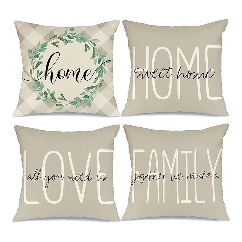 

4Pcs Pillow Covers Home Sweet Home Family Beige Buffalo Plaid Throw Pillow Covers Decorative Pillows Case 18X18inch Promotion