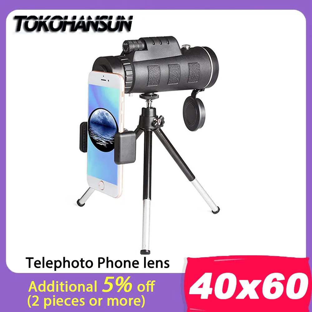 

TOKOHANSUN 40X60 HD зум-объектив монокулярный телескоп + штатив + зажим для Samsung для IPhone Xiaomi Huawei Кемпинг путешествия телефон объектив