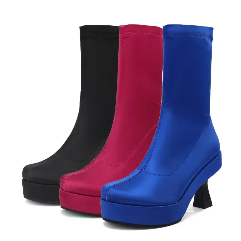 

Женские Эластичные ботильоны на платформе, черные, розовые или Синие атласные ботильоны до середины икры, на толстом каблуке, с круглым носком, большие размеры до 43, осень 2022