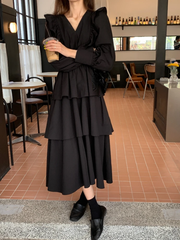 

Винтажное черное вечерние длинным рукавом, женское вечернее элегантное платье миди в Корейском стиле, облегающее повседневное модное плат...