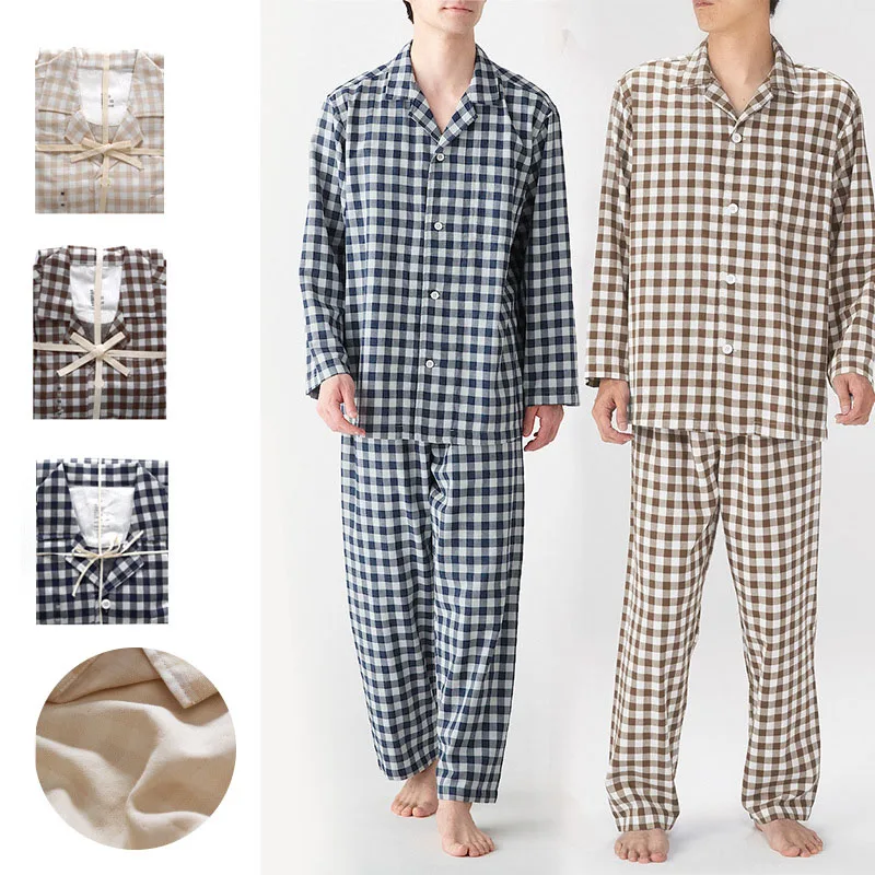 

Men's Japanese-Style Non-Printed Double-Layer Cotton Plaid Design Woven Long-Sleeved Trousers Women Homewear Suit