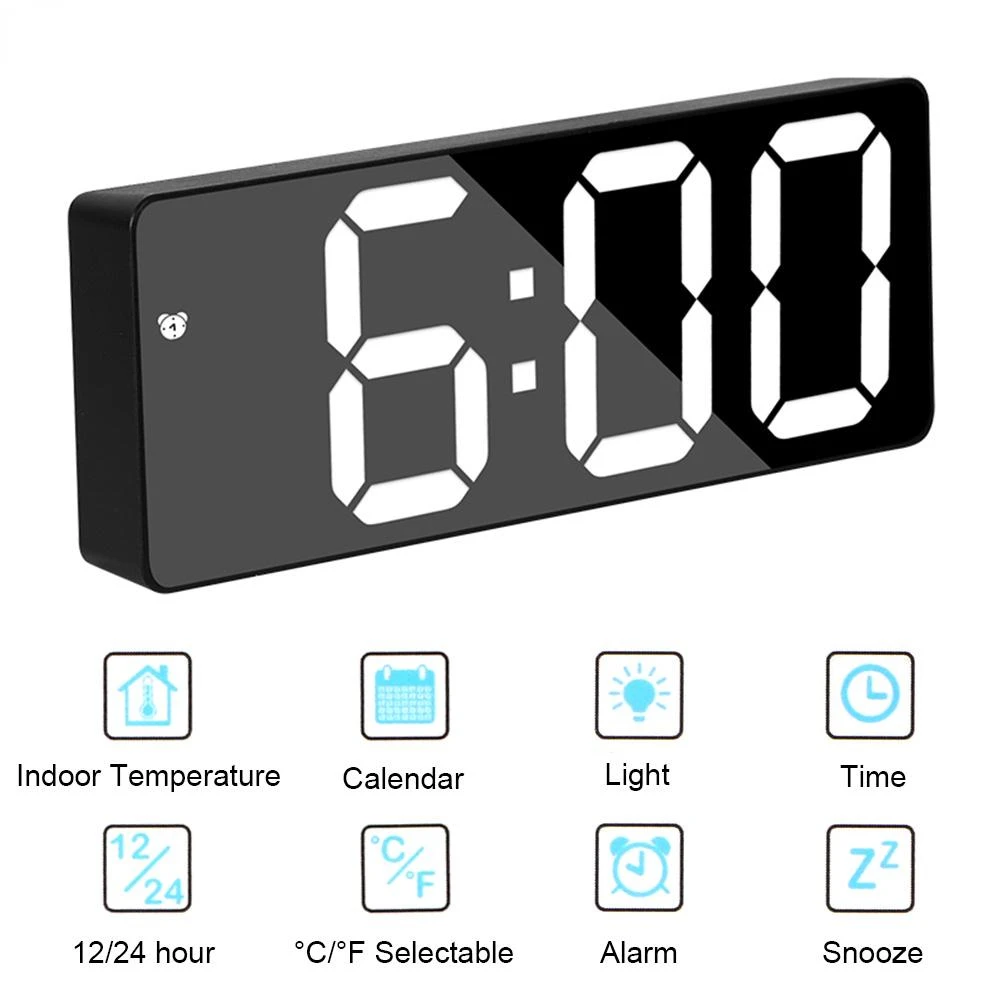 LED Digital Electronic Desktop Clock Snooze Acrylic/Mirror Alarm Clock Voice Control Time Temperature Display Home Decorations