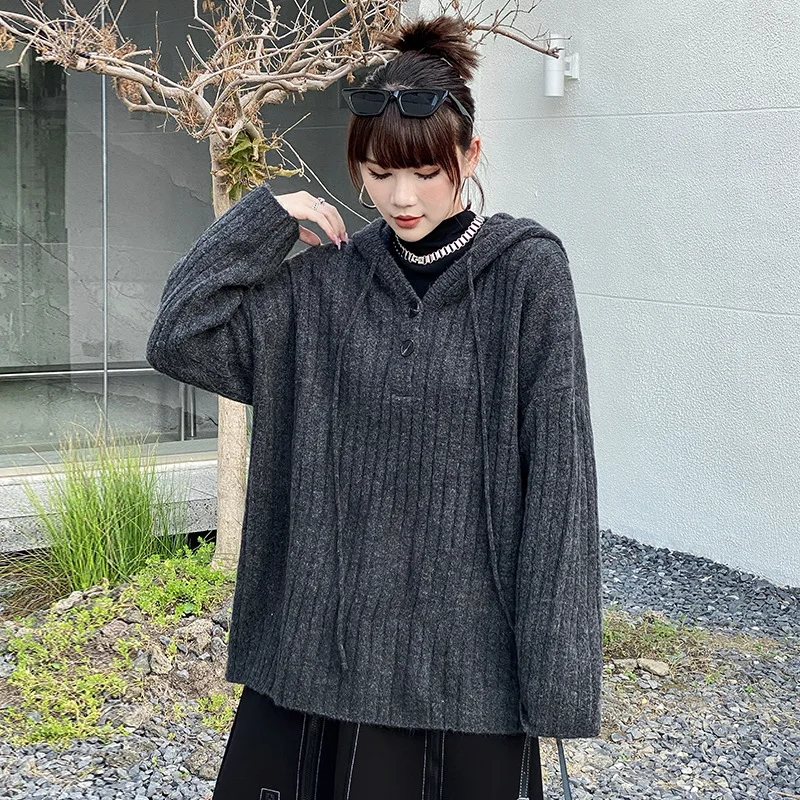 

Autumn Winter Hooded Sweater Jacket Women Streetwear Vintage Casual Loose Hip Hop Knitted Pullovers Coat Female 8095