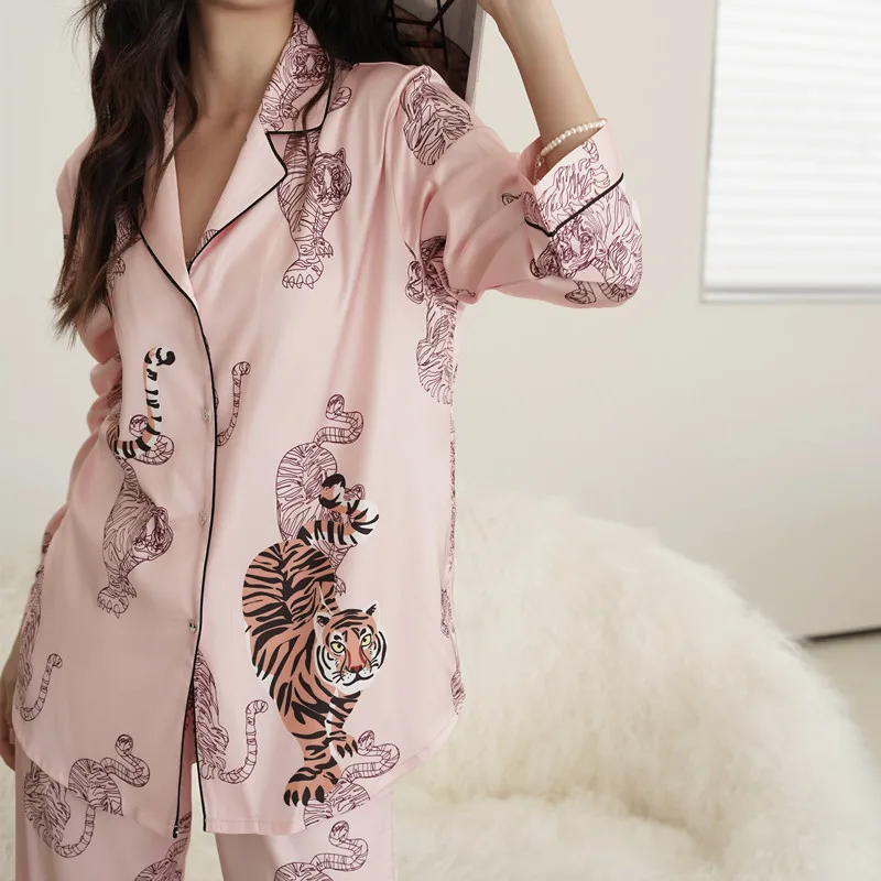 New women's pajamas ice silk thin tiger print loose long-sleeved women's  pajamas for women  سكسي نيك  pajama set