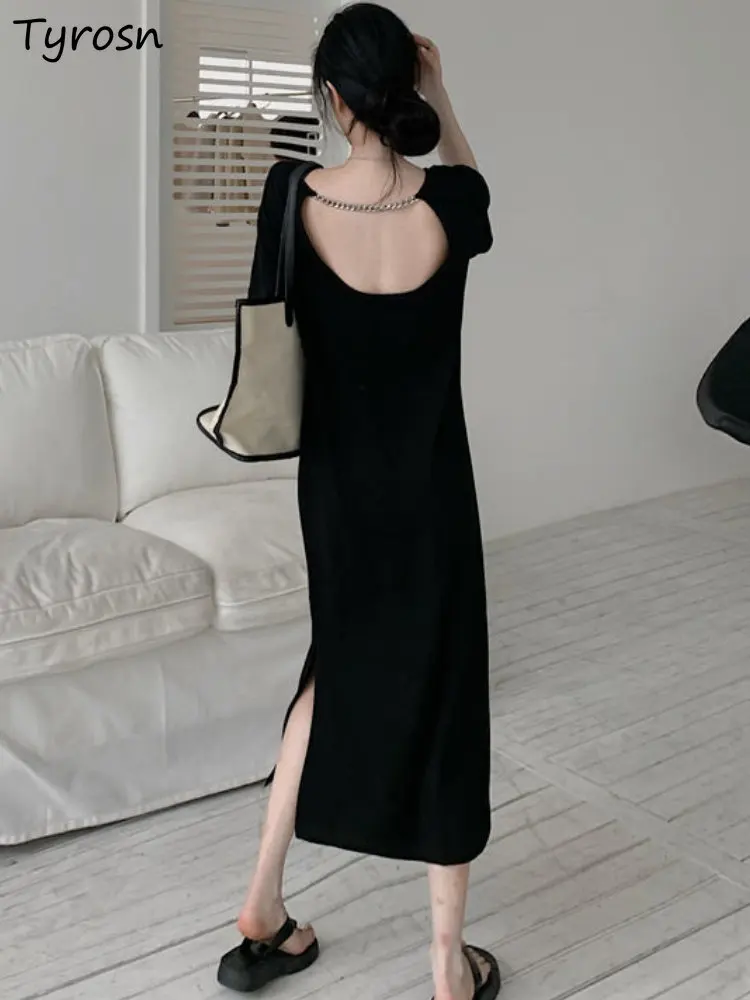 

Платье женское с открытой спиной, элегантный пикантный Повседневный миди-сарафан с Боковым Разрезом, в Корейском стиле, для отдыха и творчества, лето