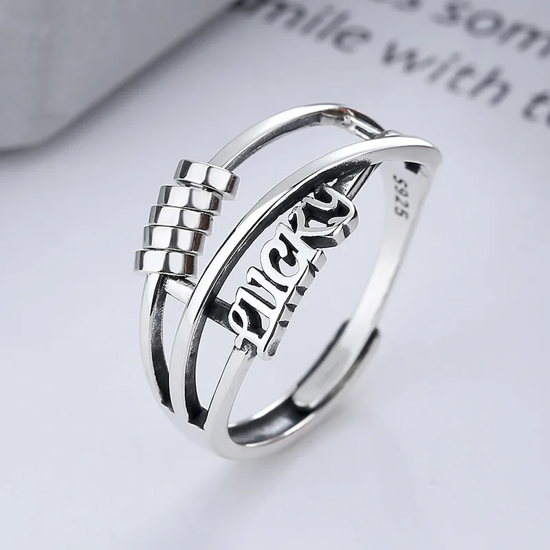 

S925 Sterling Silver Open-end Rings for Men and Women, Lucky and Three Rotating Beads Rings