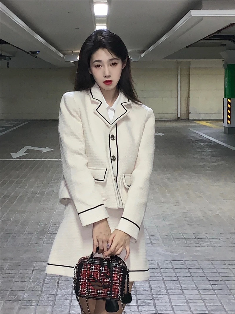 

WDMSNA Temperament Elegant Woven Suit Jacket Female Long Sleeve Pockets Jackets for Women New Spring Korean Chic Lapel Jackets