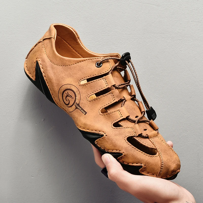 

Brand Summer Men Breathable Leather Sandals Handmade Outdoor Shoes Men Sandals Casual Male Soft Walking Beach Sandals Men Shoes