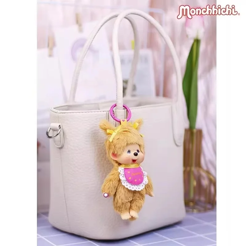Фото Новая оригинальная плюшевая фигурка Monchhichi: Золотистый ретривер с банданой в форме сердца и косичками, мягкая плюшевая кукла, подарок, игрушка, брелок №5