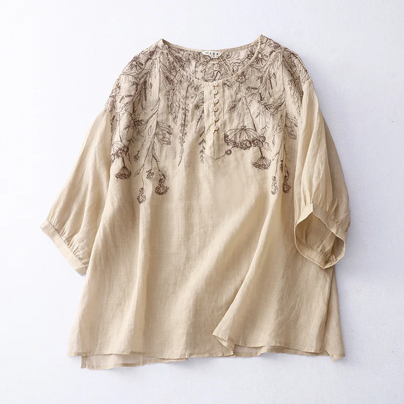 

2023 Summer New Women's Shirts Cotton and Hemp Oversize Embroidery Loose Casual Mid Sleeve Shirt and Blouses for Women