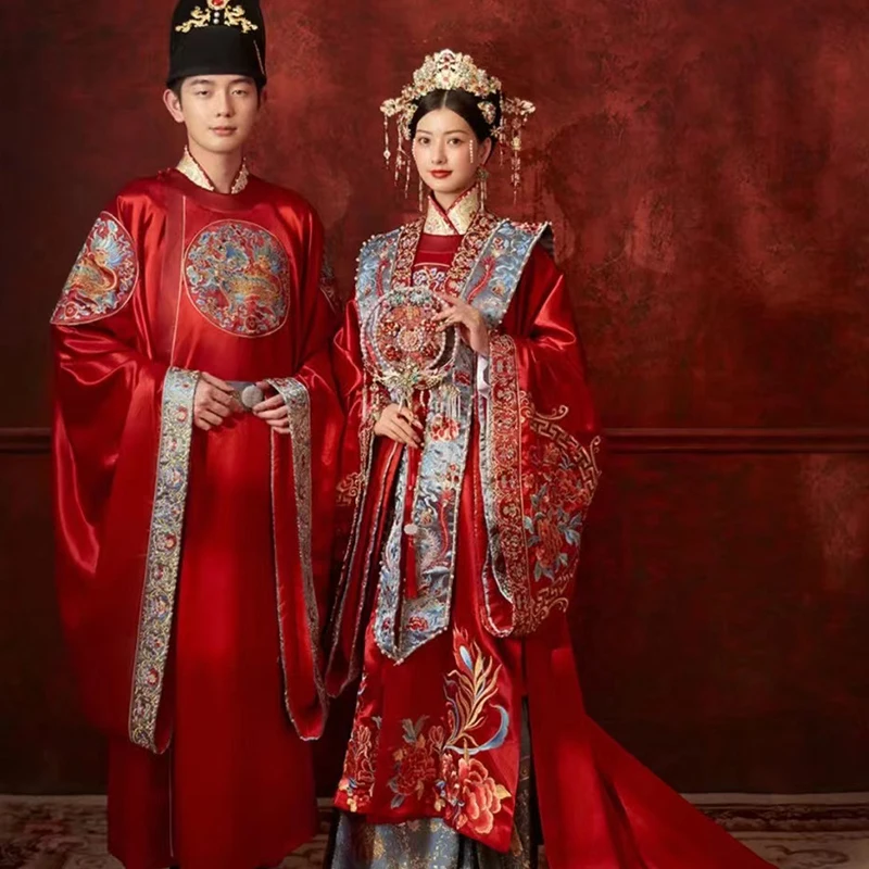 

Chinese Traditional Wedding Hanfu Women Dress Couple Ming Dynasty Embroidery Tang Suit Ancient Phoenix Xiapi Bride Mens Robe Set