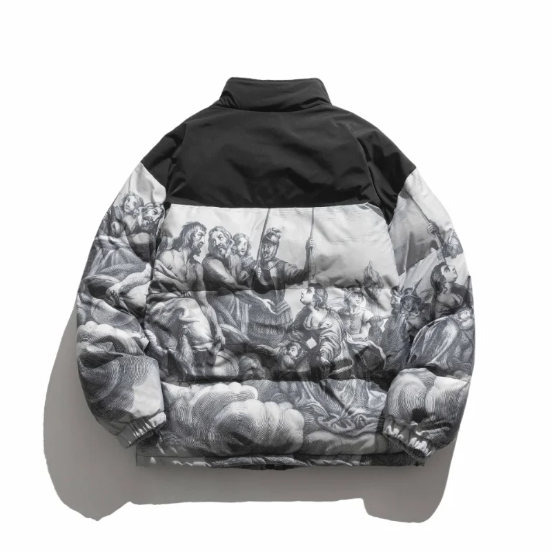 Fashion Harajuku Casual Oversize Coat Winter Warm Couple Stand-up Collar Outwear Men Vintage Thick Parkas Portrait Print Jacket