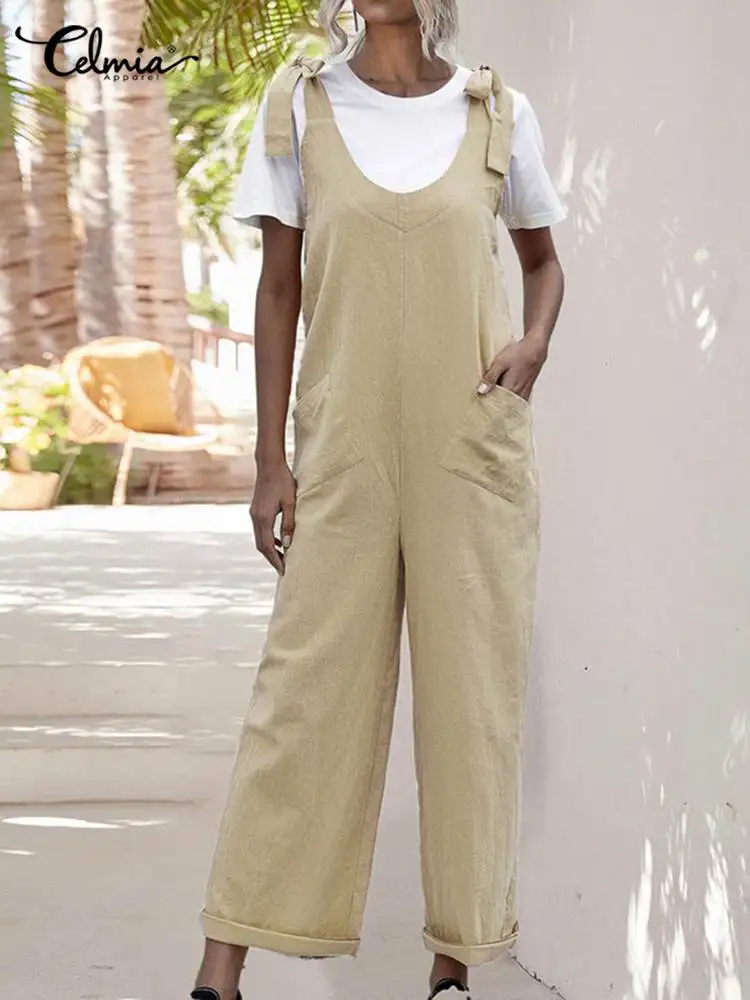 

Celmia Straps Streetwear Rompers Casual Cotton Linen Sleeveless Summer Jumpsuits Pockets Women Suspenders Wide Leg Pant Overalls