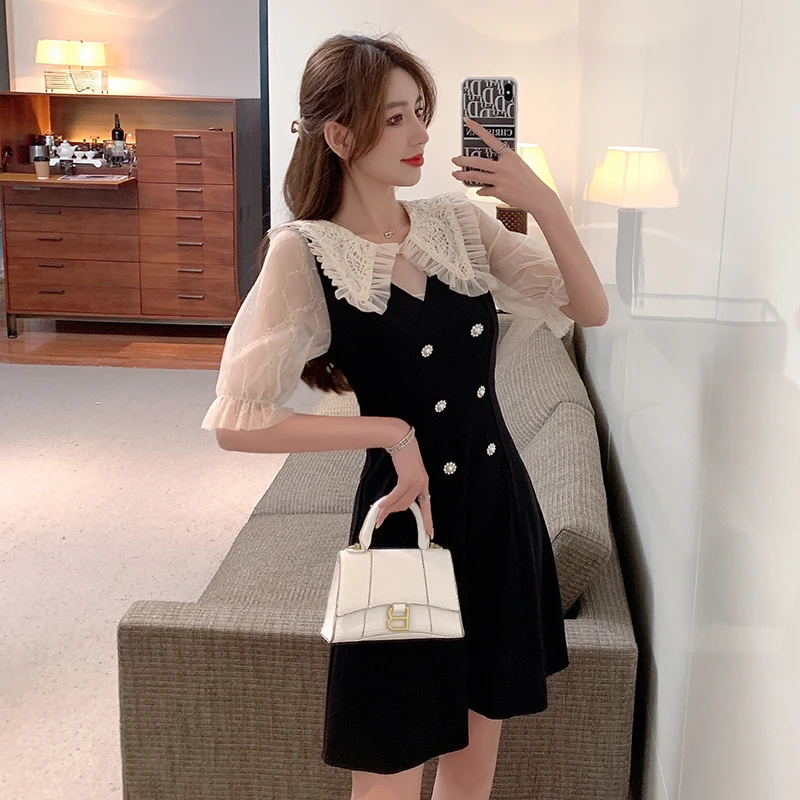 

New Lace Peter pan collar Women's Dress Summer Slim Waist A-line Short Sleeve Elegant Dresses for women Young Lady Robe Femme