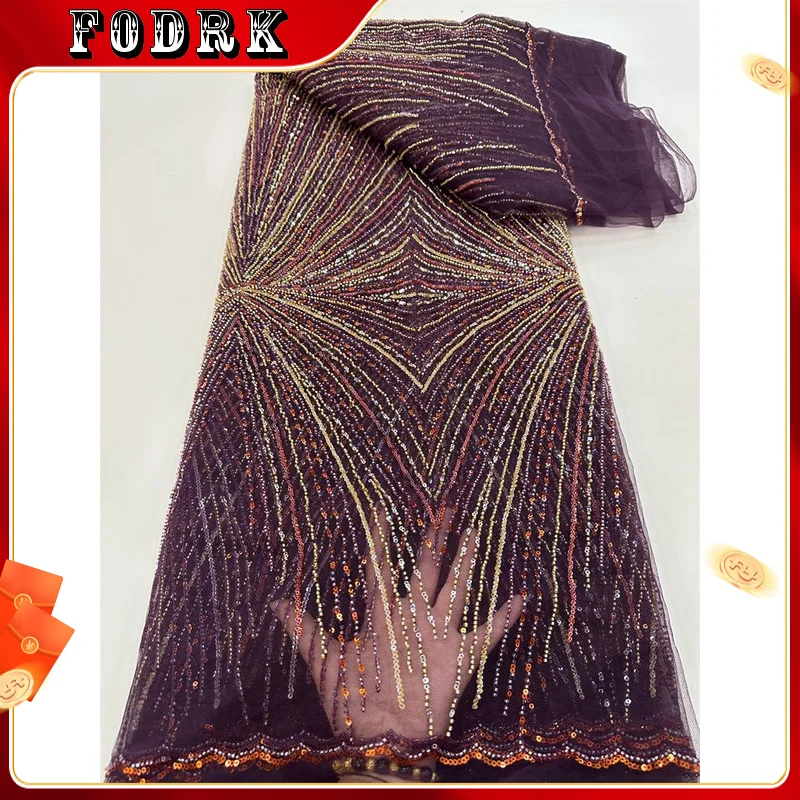 

3.4kg/5Y Latest African Lace Fabric 2023 High Quality Heavy Beads Sequins French Mesh Tull Lace Fabric For Wedding Party Dress