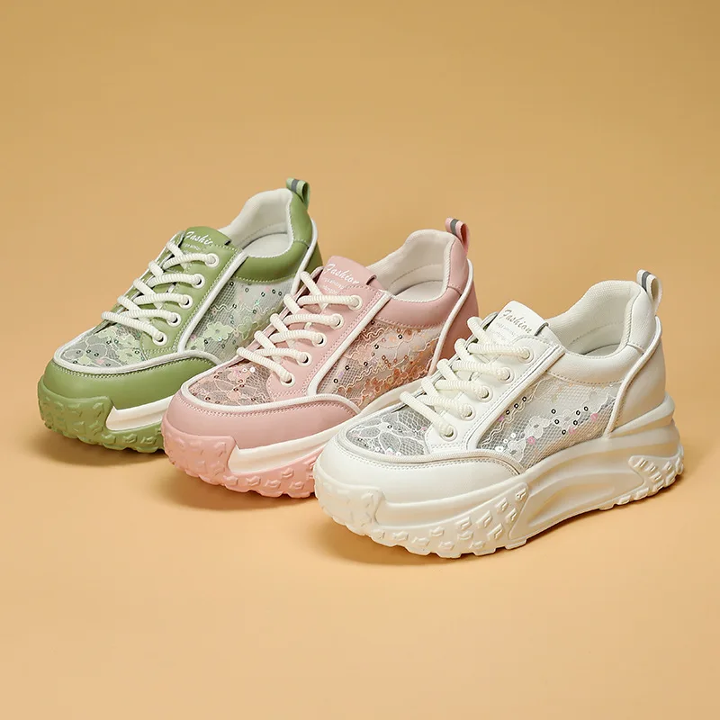 Chunky Air Mesh Breathable Sneakers Fashion Genuine Leather Women Vulcanize New Female Summer Comfy Lace Up Fashion Ladies Shoes