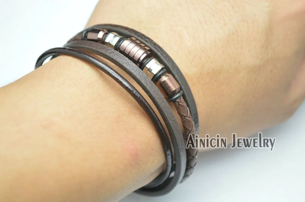 Многослойные браслеты из натуральной кожи с черным покрытием модные мужские
