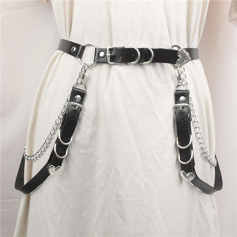 Women Skirt Belt Female Pu Leather Hip Hop Rock Nightclub Sexy Jeans Dress Heart Punk Belt With Metal Waist Chain