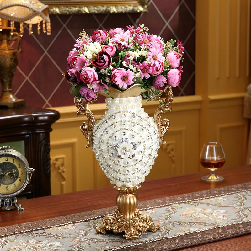 

Роскошная Европейская ваза из алмазной смолы + набор искусственных цветов, декор для домашней гостиной, украшения для мебели, поделки, украшения для ТВ, кабинета