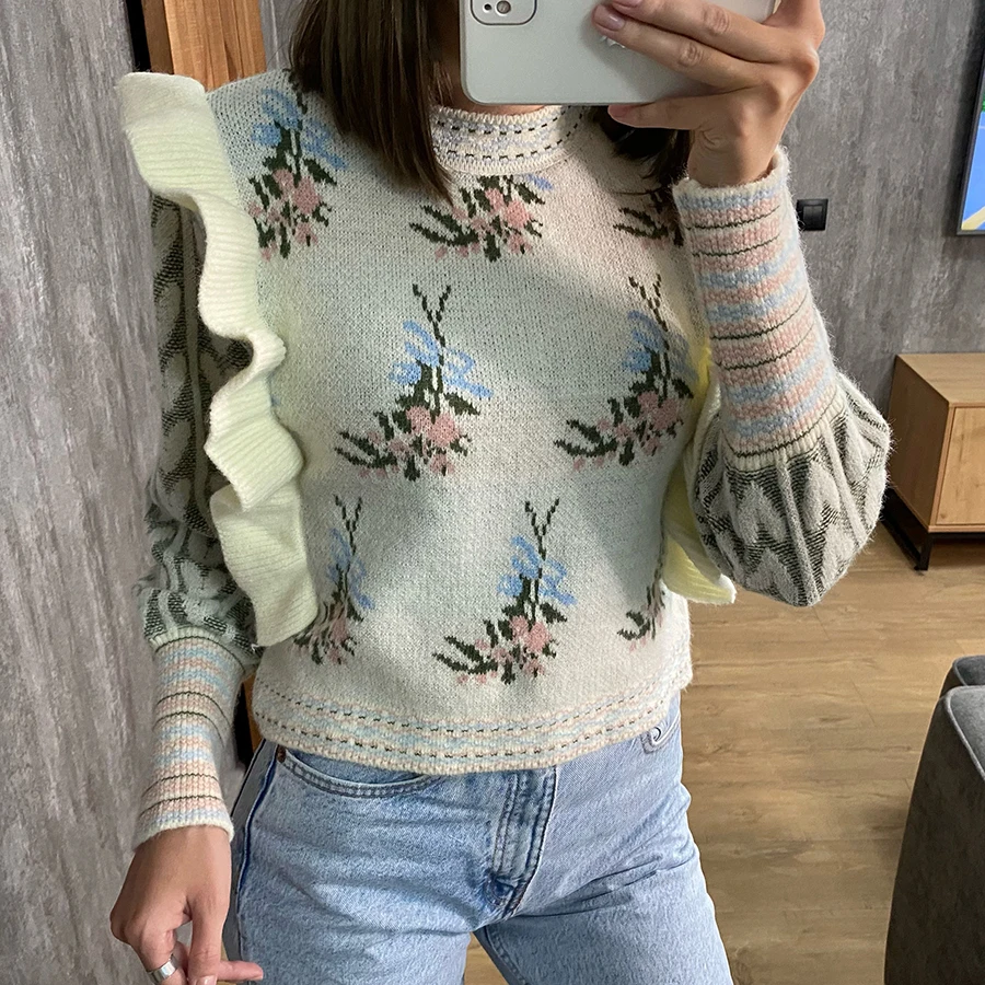 

Women's Knit Sweater Za 2021 Fashion Ladies O-Neck Stitching Ruffle Streetwear Female Clothing Comfortable Streetwear SW5698