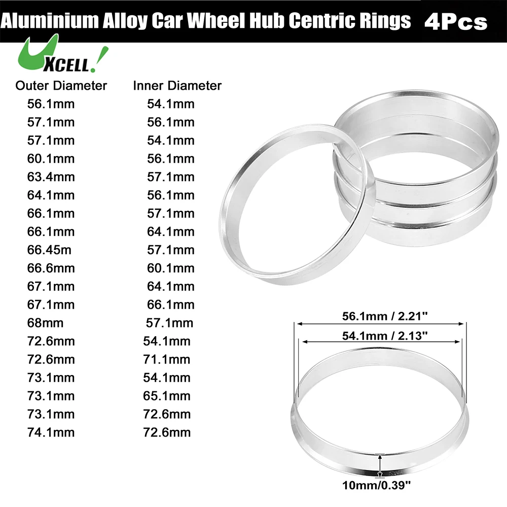 

Uxcell 4pcs OD 56.1mm 57.1mm 63.4mm to ID 54.1mm 56.1mm 64.1mm Car Hub Centric Rings Wheel Bore Center Spacer Aluminum Alloy