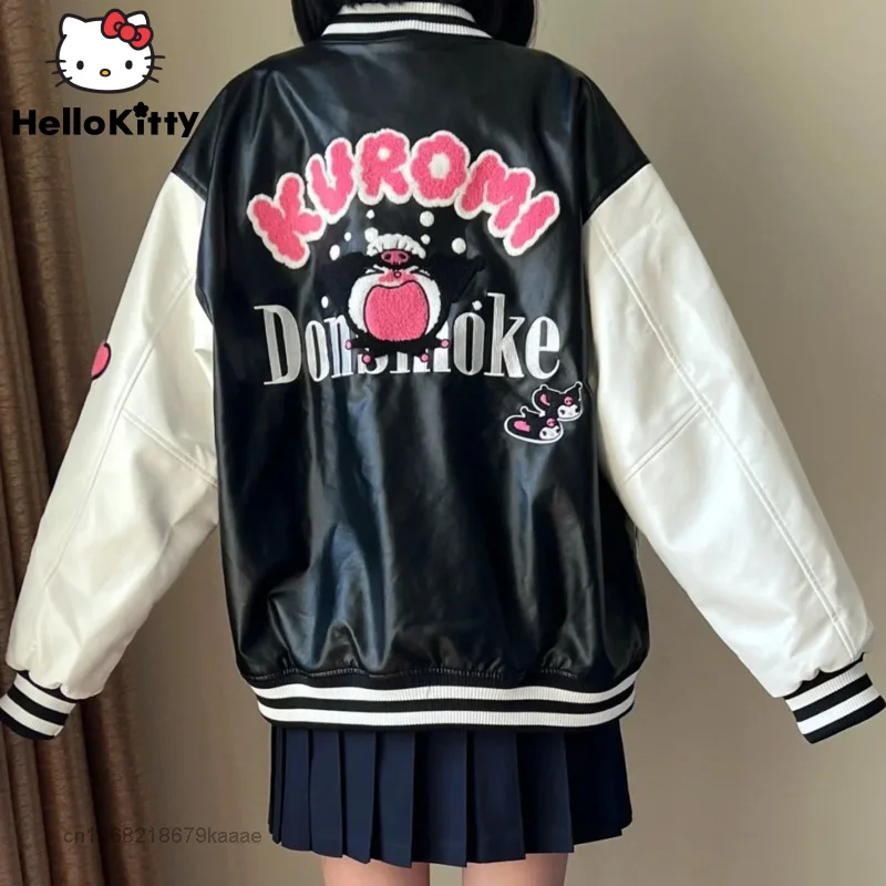 Sanrio Clothes Cartoon Kuromi Leather Coat High Quality Baseball Jacket Autumn Women Embroidered Jacket Y2k Couples Fashion Tops