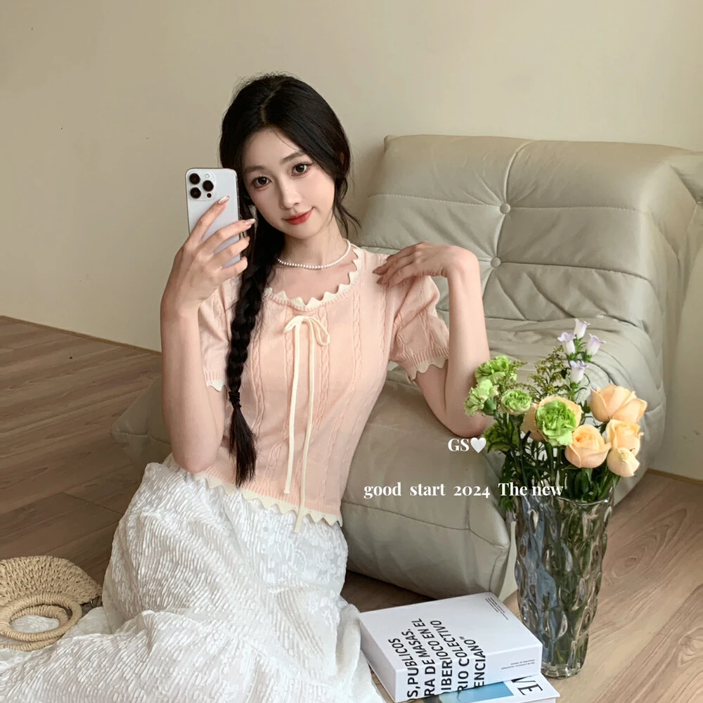 Женская футболка с бантом волнистые топы V-образным вырезом женские летние новые