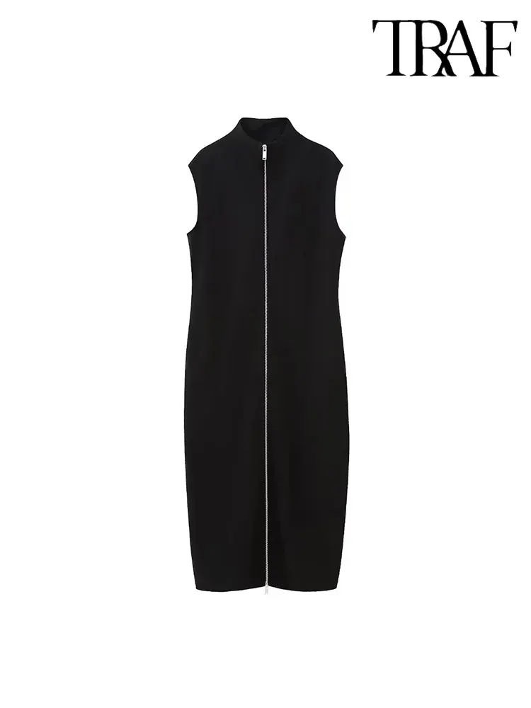 

TRAF 2023 Autumn New Sexy Vest Dress Women Pleat Midi Simple Zip Zipper Design Daily Versatile Dress