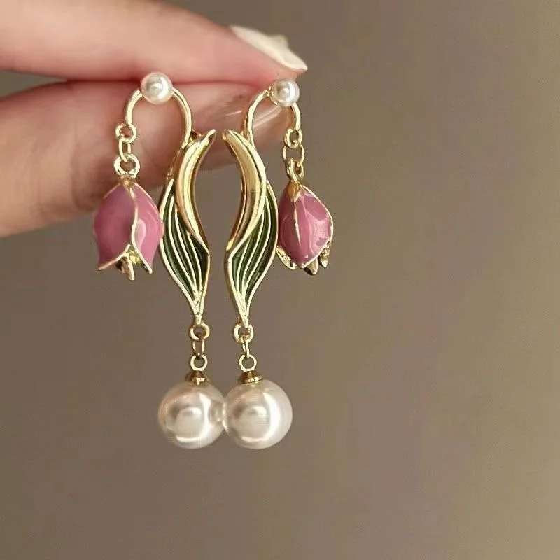 

New French Elegant Tulip Flower Pearl Stud Earrings For Women Sweet Romantic Pink Peach Heart Earring Wedding Party Jewelry Gift