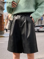 womens pu leather shorts fashion autumn winter bermuda elastic waist loose five points leather trouser casual shorts 2022 new