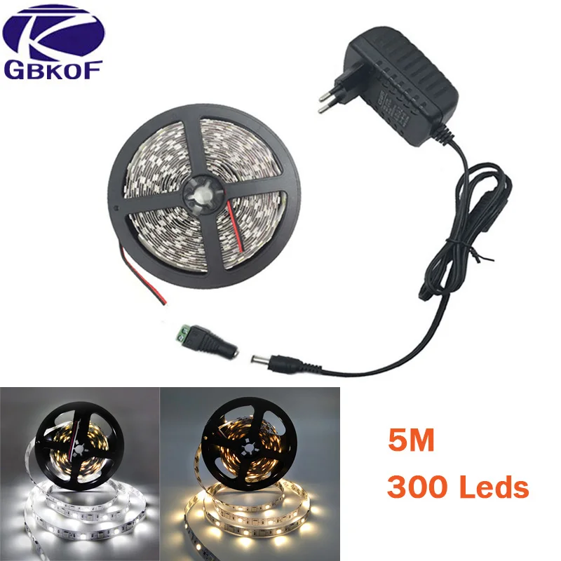 

5M LED Strip Lights RGB 5050 White Warm white Single Color Tape 300LEDs SMD 2835 Flexible Led Ribbon Lamp Tape DC12V Adapter