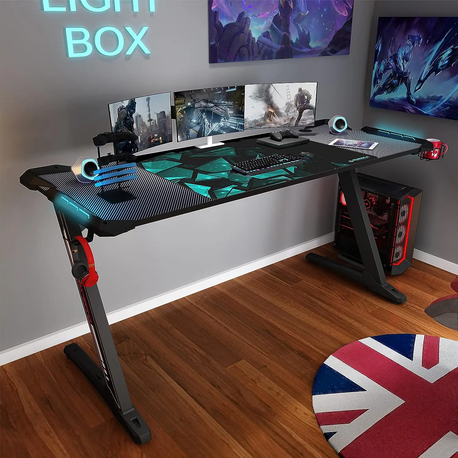 

Gaming Desk with RGB LED Lights, Large Z-Shaped Gaming PC Desk with Carbon Fiber Desktop Home Office Computer Game Desk Table fo