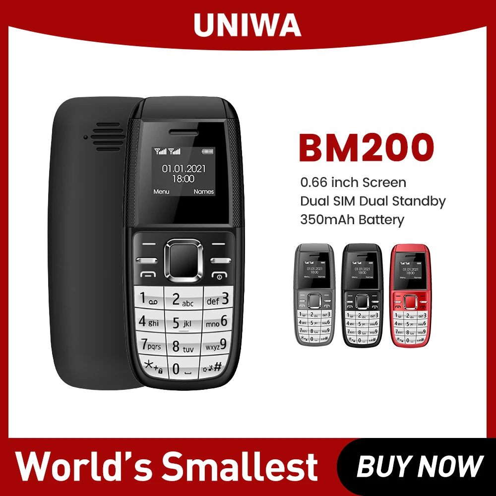 UNIWA BM200 Super Mini Phone 0.66 Pocket Cellphones with Button Keypad Dual SIM Dual Standby for Elderly MT6261D GSM Quad Band