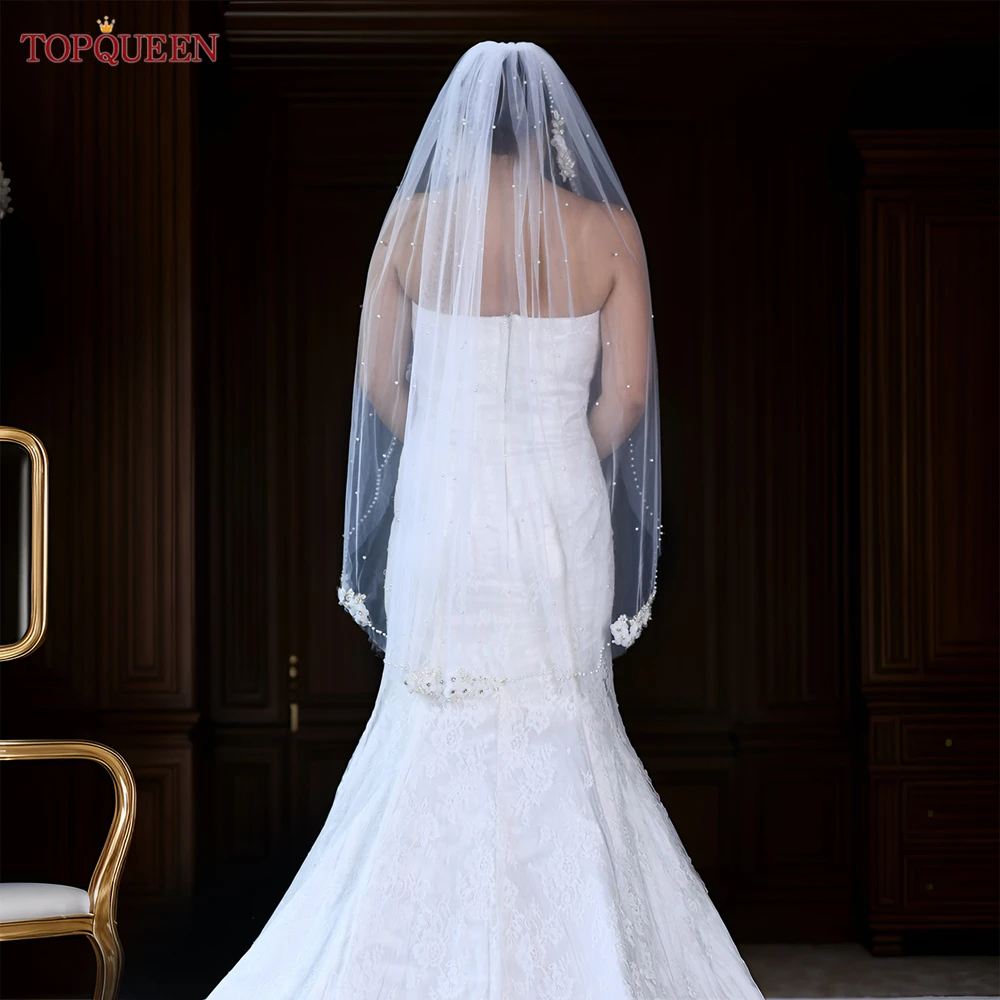 Фата на кончик пальца TOPQUEEN элегантная Однослойная Свадебная с жемчужинами и
